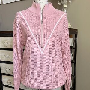 NEW Varley Pink & White Calva Zip Open Knit Sweater Sz M
